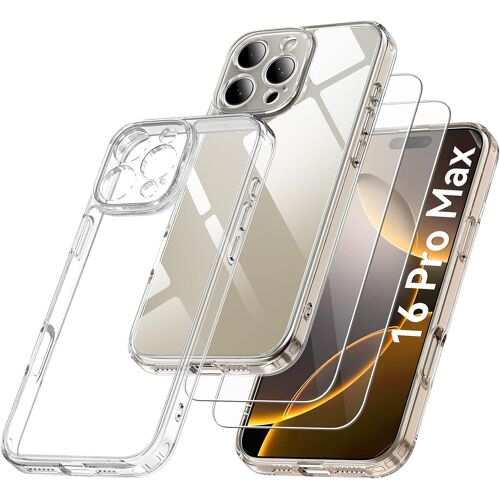 Coque Protection Caméra Compatible avec iPhone 16 Pro Max et 2 Pièces Verre Trempé, [Protection Militaire] Coque Antichoc Anti-Jaune Couverture à 360 Degrés, Transparent