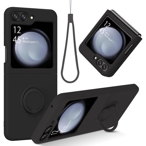 KAL-Coque Pour Samsung Galaxy Z Flip 5 5G - Support-Anneau À 360 - Silicone Liquide Avec Lanyard - Doublure Interieure Souple - Etui De Pretection Antichoc Pour Samsung Z Flip 5-6.7''(Noir)