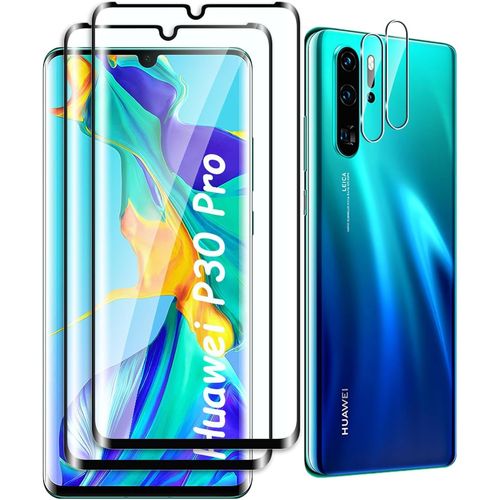 CAUC-[2+2 Pièces Verre Trempé Pour Huawei P30 Pro et Caméra Arrière Protecteur,Sans Bulles,9H Dureté,Anti-Rayures,3D Couverture Complète,HD Film Protection Ecran pour Huawei P30 Pro