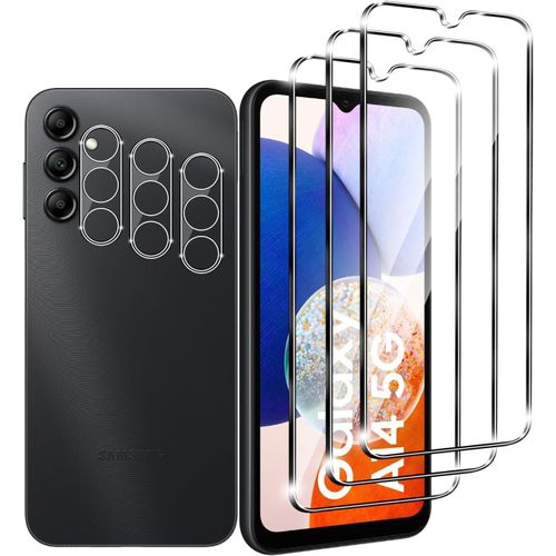 Pack 3+3 Verre Trempé Pour Samsung Galaxy A14 5g ¿ 3 Protège-Écrans + 3 Protège-Objectifs Caméra, Hd Transparent 9h Ultra Résistant
