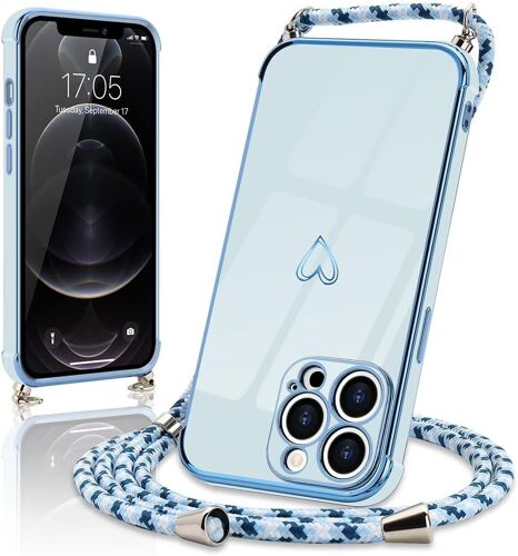 Coque Pour Iphone 13 Pro Max Avec Collier Réglable Coque Iphone 13 Pro Max Avec Motif Coeur D'amour Mignon Etui Housse Avec Cordon Tour De Cou Lanière En Corde Pour Iphone 13 Pro Max (Bleu)