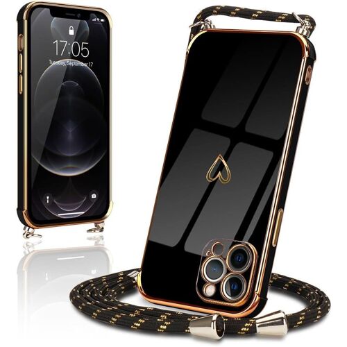 Coque pour iPhone 12 Pro Max avec Collier R¿¿glable Coque iPhone 12 Pro Max avec Motif Coeur d'amour Mignon Etui Housse avec Cordon Tour de Cou Lani¿¿re en Corde pour iPhone 12 Pro Max (Noir)