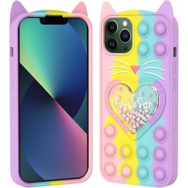 Maa-Fidget Pop Coque Pour Iphone 12/12 Pro 6.1"", Mignonne Dessin Animé Chanceux Chat Bling Étoiles Pousser Les Bulles Silicone Coque De Téléphone Pour Apple Iphone 12/12 Pro 6.1 Pouces