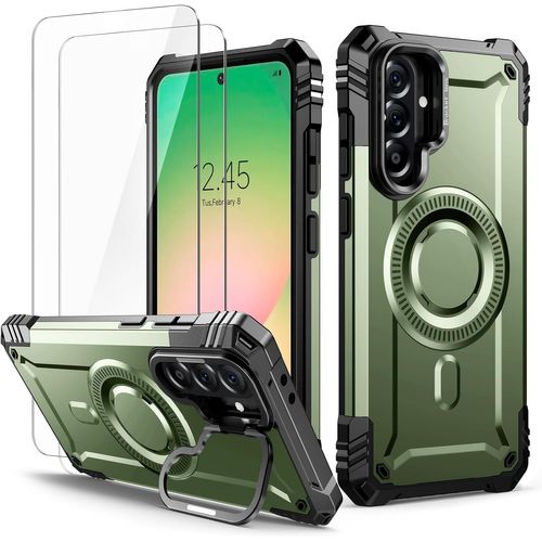 Coque Pour Samsung A56 5g Avec 2 Verre Trempé,Magnétique Antichoc Étui De Militaire Protection,Support De Caméra Coque Pour Samsung Galaxy A56 5g Housse,Vert