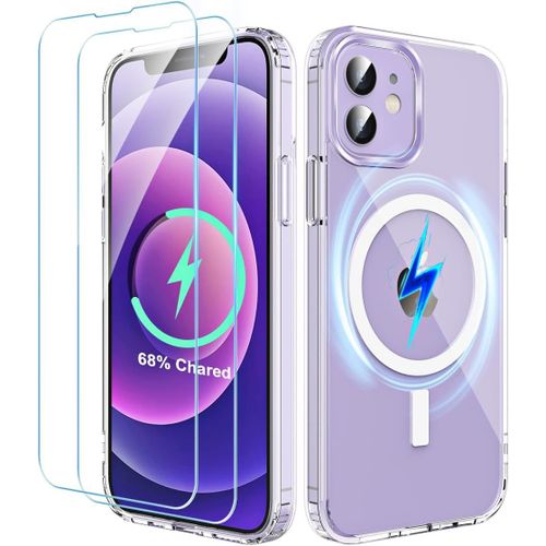 Coque Pour Iphone 12 - 2x Vitre Verre Trempe + 2x Protège Caméra Silicone Compatible Magsafe hd