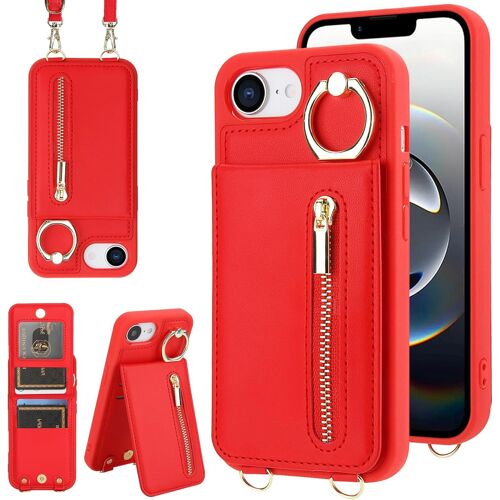 SJZG-Coque Pour Iphone 16E Coque Etui Avec Sangle Réglable Portefeuille En Cuir Anti-Rfid Pochette Magnétique Flip Case Étui Cover Housse Protection Avec Anneau-Rouge