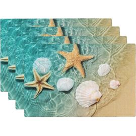 Sets De Table De Plage Ensemble De 4 Étoiles De Mer Et Coquillages Sur L'été Océan Lin Laver Sets De Table Rectangle Cloth Set F Szrh A-F