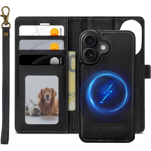 KWEX-Magnétique Coque pour iPhone 16 Compatible avec MagSafe, 2 in 1 Housse en Cuir PU Premium Amovible Protection Etui à Rabat Fentes Carte Pochette de Portefeuille Antichoc, Noir