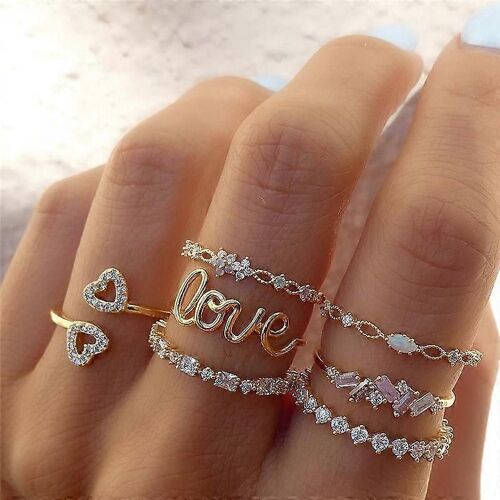 Boho Zircon Bagues Set Couleur Or Bohème Cristal Lettre Amour Coeur Lune Flèche Fleur Bague Pour Femmes Amoureux Mariage Bijoux Cadeaux