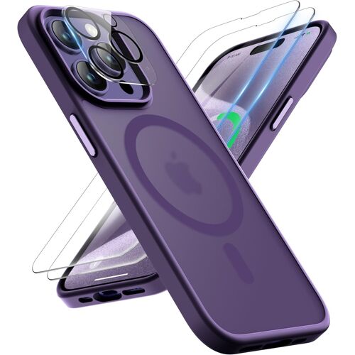 Polki-Coque Pour Iphone 15 Pro Avec 2 Verre Trempé Et 1 Caméra Protecteur, Etui Translucide Mat Arrière Housse Antichoc Coque Magnétique Pour Iphone 15 Pro Case 6.1"" Pourpre Foncé
