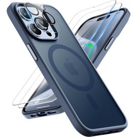 TRAHOO-Coque pour iPhone 15 Pro Max avec 2 Verre Trempé et 1 Caméra Protecteur, Etui Translucide Mat Arrière Housse Antichoc Coque Magnétique pour iPhone 15 Pro Max Case 6.7"" Bleu Marine