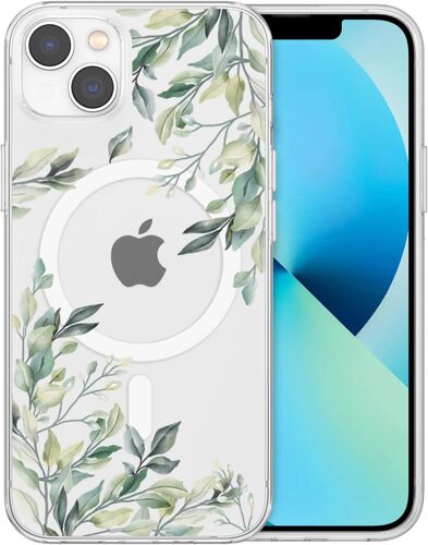 Coque pour iPhone 15, [Compatible avec Magsafe] Magn¿¿tique Protection Antichoc Coque avec Motif Floral, Silicone Clair Anti-Jaune Coque pour iPhone 15-Vert