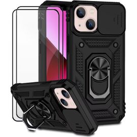 Coque Iphone 13 Mini Avec Cache Objectif Coulissant Et 2 Verres Trempés, Support Anneau Rotatif 360°, Bumper Silicone Antichoc Noir