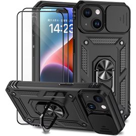 Coque Iphone 15 Anti-Choc En Silicone Avec Cache Objectif Coulissant, Anneau Rotatif 360° Et 2 Verres Trempés - Noir