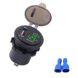 DC12-24V 2.1A 3 en 1 Multifonction Numérique LED étanche Thermomètre Voltmètre Voiture USB Chargeur Rapide Lumière Verte