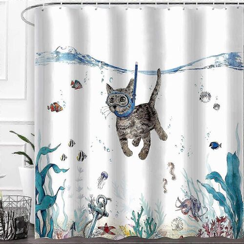Mignon chat plongée rideau de douche 180x180cm océan imprimé animal Rideau de bain imperméable lavable en polyester accessoire de salle de bain avec 12 crochets,bleu