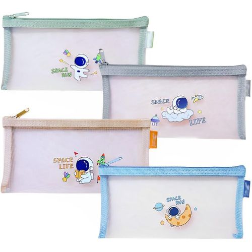 ERYI-4 Pièces Zip Mesh Pochettes Crayons Trousse Transparente Multipurpose Organizer Sacs Pour Bureau Papeterie Fournitures Trousse Tissu Zippée (4 Couleurs)