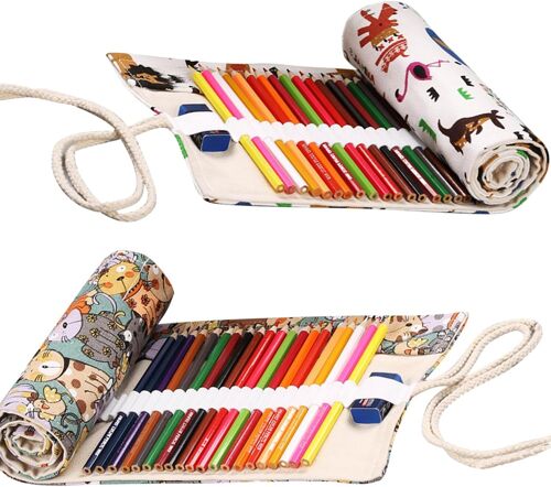 ChenQuanSarl-2 Pièces Trousse À Crayon De Toile, Sac À Crayon De Couleur, Toile Trousse À Enrouler Sac À Crayon, Pencil Roll Up Bag, Beaux - Arts Croquis Crayons De Couleur Canvas Roll Pen Bag