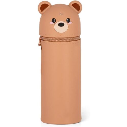 Kal-1 Pièces Étui École 2 En 1 En Silicone Souple, Porte-Stylos De Table, Fermeture À Glissière, Crayons Crayons,Stylos, Trousse Kawaii,Trousse Kawaii Fille(Ourson Brun,B)