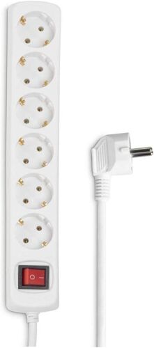 6 Socket 16A Power Strip with Switch (Extension Cord 1.4 m, 6 Sockets Type F Schuko, 3680 W Max, Ideal for Office PC Lights, Workshops, TV Cabinets, Garage) White