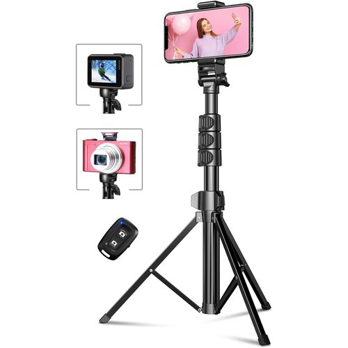 Trépied Smartphone, 142cm Extensible Perche a Selfie Têtes de Trepied Aluminium avec Télécommande Bluetooth & Support de Téléphone Universel Compatible avec iPhone, Appareil Photo et Gopro