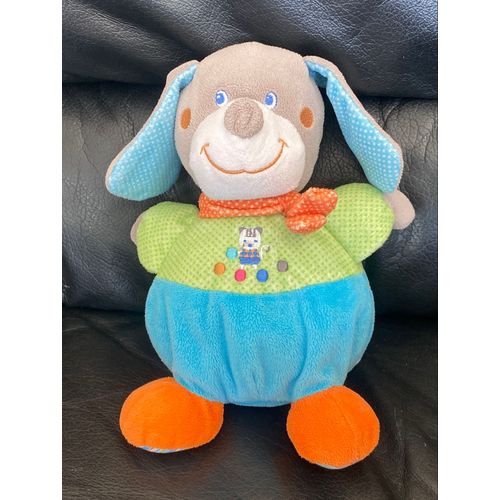 B Doudou boule Chien gris bleu vert à pois chat Mots d'enfants 23cm foulard orange