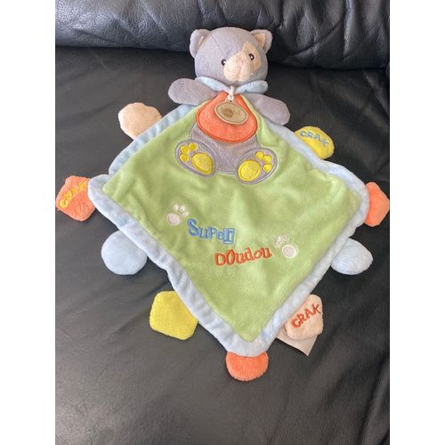 DOUDOU PLAT CHAT BABY NAT' SUPER DOUDOU VERT GRIS CRAK 38 CM