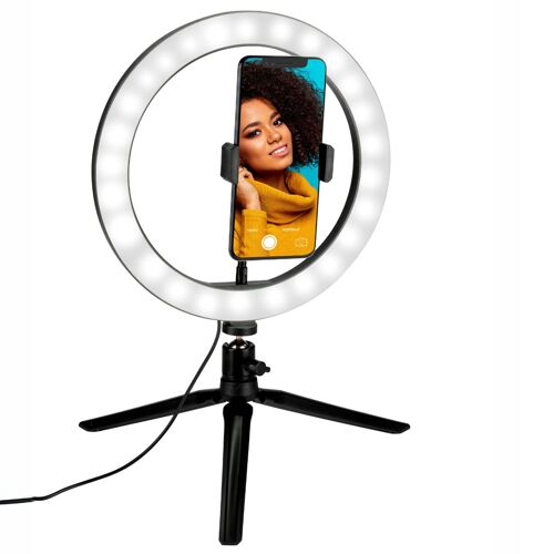 Lampe Annulaire Grundig Avec Trépied - Ringlight 25cm - Lampe Annulaire Tiktok Avec 120 Led - 3 Modes D¿Éclairage - Câble Usb - Avec Support De Téléphone