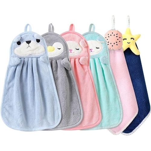 Tianyi-Lot De 6 Serviettes De Toilette En Velours Corail Doux Absorbant Avec N?ud Suspendu En Microfibre À Séchage Rapide Pour Enfants