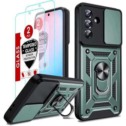 Coque Samsung Galaxy A56 / A56 5g Anti-Choc Bumper Tpu+Pc, Cache Objectif Coulissant, Anneau Rotatif 360° Support Magnétique, 2x Verres Trempés, Vert