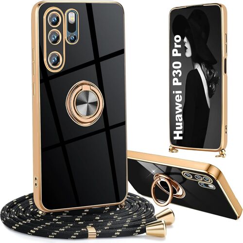 KAL-Coque Huawei P30 Pro Avec Bande, Avec Chaîne De Téléphone Portable, Avec Anneau À 360 Degrés Supports Silicone Souple Tpu Résistant Aux Chocs Pour Huawei P30 Pro Coque,Noir