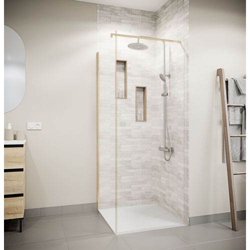 Retour pour Porte de Douche 80×180 cm Verre Trempe 5mm - Finition Or Brosse - GOLD ELEMENTARY