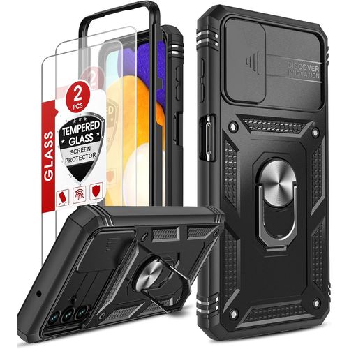 Coque Samsung Galaxy A13 5g / A04s - 2 Verres Trempés, Cache Caméra Coulissant, Anneau Rotatif 360° Support, Bumper Tpu+Pc Anti-Choc, Noir
