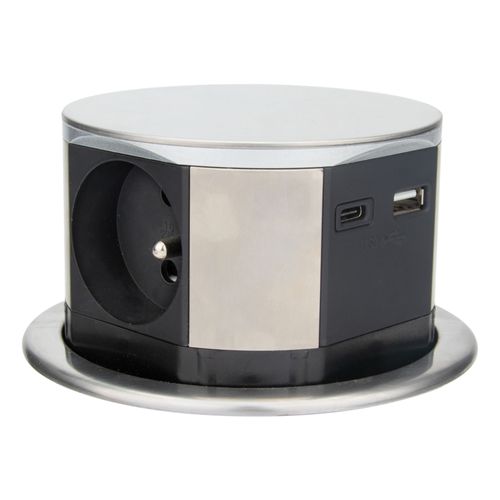 Bloc multiprise encastrable 3 prises 16A 2P+T et 2USB - Alu - Otio