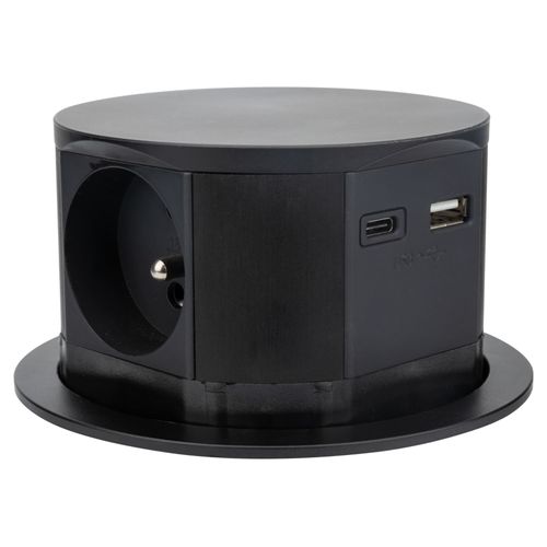 Bloc multiprise encastrable 3 prises 16A 2P+T et 2USB - Noir - Otio