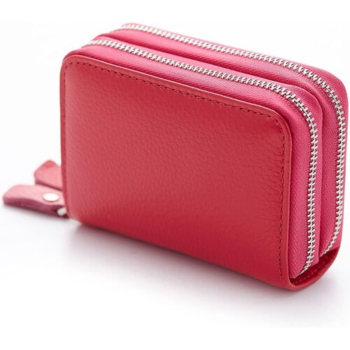 Porte-Monnaie en Cuir véritable pour Femme - Porte-Cartes de Crédit en Cuir Double Zipper Change Pouch Wallet Card Holder Porte-Monnaie Mini Simple Coin Pocket (Rose)