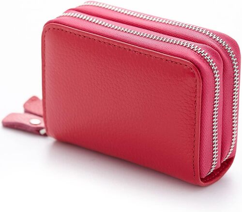 Porte-Monnaie en Cuir véritable pour Femme - Porte-Cartes de Crédit en Cuir Double Zipper Change Pouch Wallet Card Holder Porte-Monnaie Mini Simple Coin Pocket (Rose)