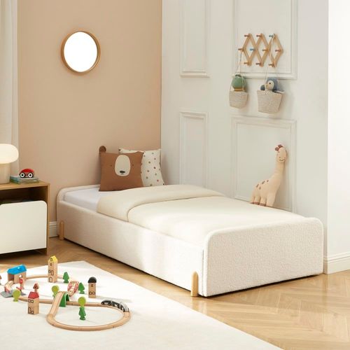 Lit Enfant Tissu Bouclette Beige 90x190 Sommier Inclus