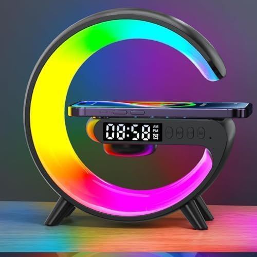 Kal-Nouvelle Lampe Veilleuse Avec Chargeur Sans Fil, Lampe D'ambiance Avec Haut-Parleur Bluetooth, Veilleuse À Intensité Variable Modèle Plug-In, Lampe Intelligente Avec Synchronisation De Musique (B