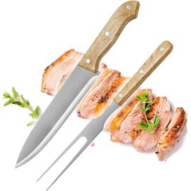 Kalanka-® Ensemble De Couverts À Découper 2 Pièces - Couverts À Griller En Acier Inoxydable Avec Manche En Bois - Couteau À Viande Et Fourchette À Viande (Set À Découper 2 Pièces - Bois)