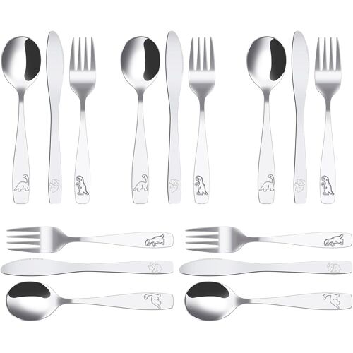 Kalanka-15pcs Couverts Enfant Inox 5 X Fourchette 5 X Cuillère 5 X Couteau Dentelé Sûr Couverts Enfant Jungle Dinosaure Gravé Couvert Inox Pour Maison Restaurant École Garderie