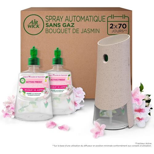 Désodorisant Maison Spray Automatique Sans Gaz Active Fresh - 1 Diffuseur + 2 Recharges Parfum Jasmin 