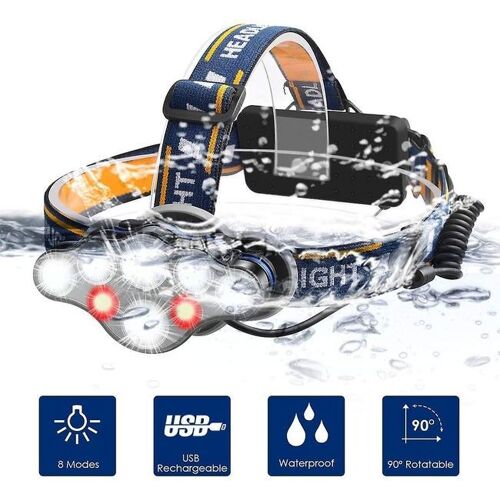 Lampe Frontale Led Rechargeable Usb 12 000 Lumens ¿ 8 Modes, Étanchéité Ipx4, Réglable Pour Les Aventures En Plein Air
