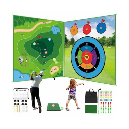 Ensemble de chipping de golf d'intérieur - Tapis double face, jeu complet avec club, balles collantes et fléchettes pour s'amuser et s'entraîner en famille