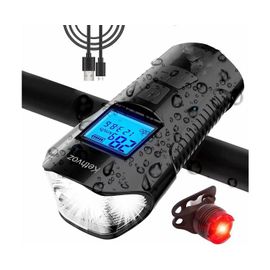 Phare De Vélo Rechargeable Par Usb De 350 Lumens Avec Compteur De Vitesse, 4 Modes, Feu Arrière Et Chronomètre Pour Une Conduite En Toute Sécurité De Jour Comme De Nuit.