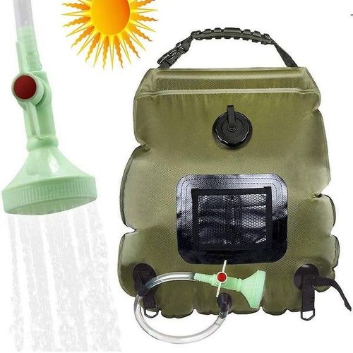 Douche solaire portable de camping 20 L - Écologique, chauffage rapide, pommeau réglable, indicateur de température, design compact