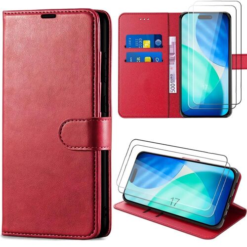 Coque + 2 Verres Trempés pour iPhone 17, Protection Rabat Anti-Rayures Antichoc Synthécuir - Rouge - EFConnection