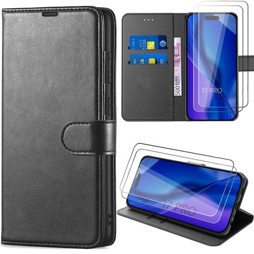 Coque + 2 Verres Trempés pour iPhone 17 Pro, Protection Rabat Antichoc Synthécuir avec Porte-Carte Noir - EFConnection