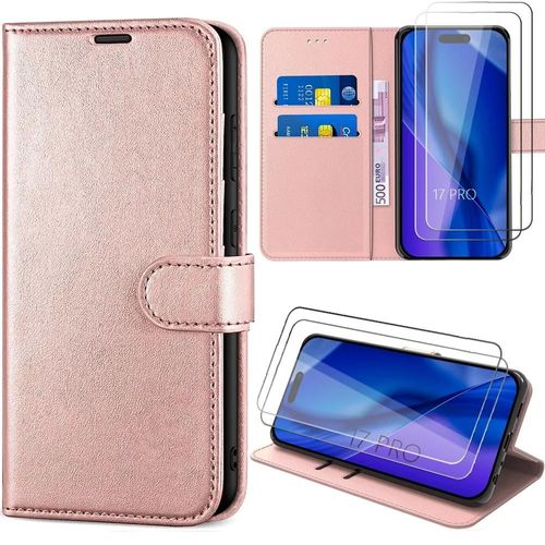 Coque + 2 Verres Trempés Pour Iphone 17 Pro, Coque Portefeuille Anti-Rayures Antichoc Cuir Pu Rose - Efconnection