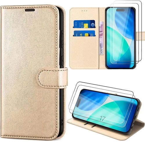 Coque + 2 Verres Trempés Pour Iphone 17, Protection Intégrale Anti-Rayures Cuir Synthétique - Doré - Efconnection
